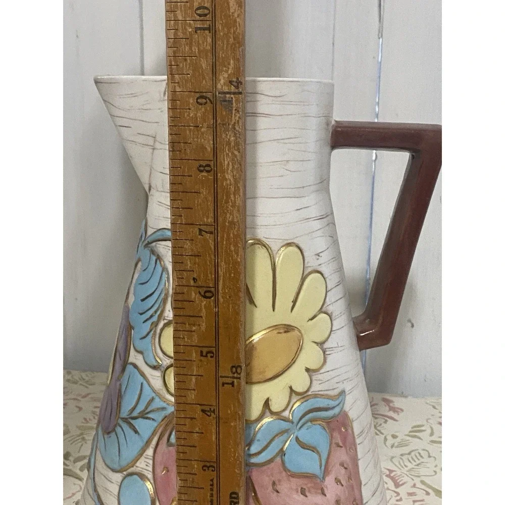 Beautiful Mid Century Artisan Signed Stoneware Pitcher w/Lid Faux Wood Grain